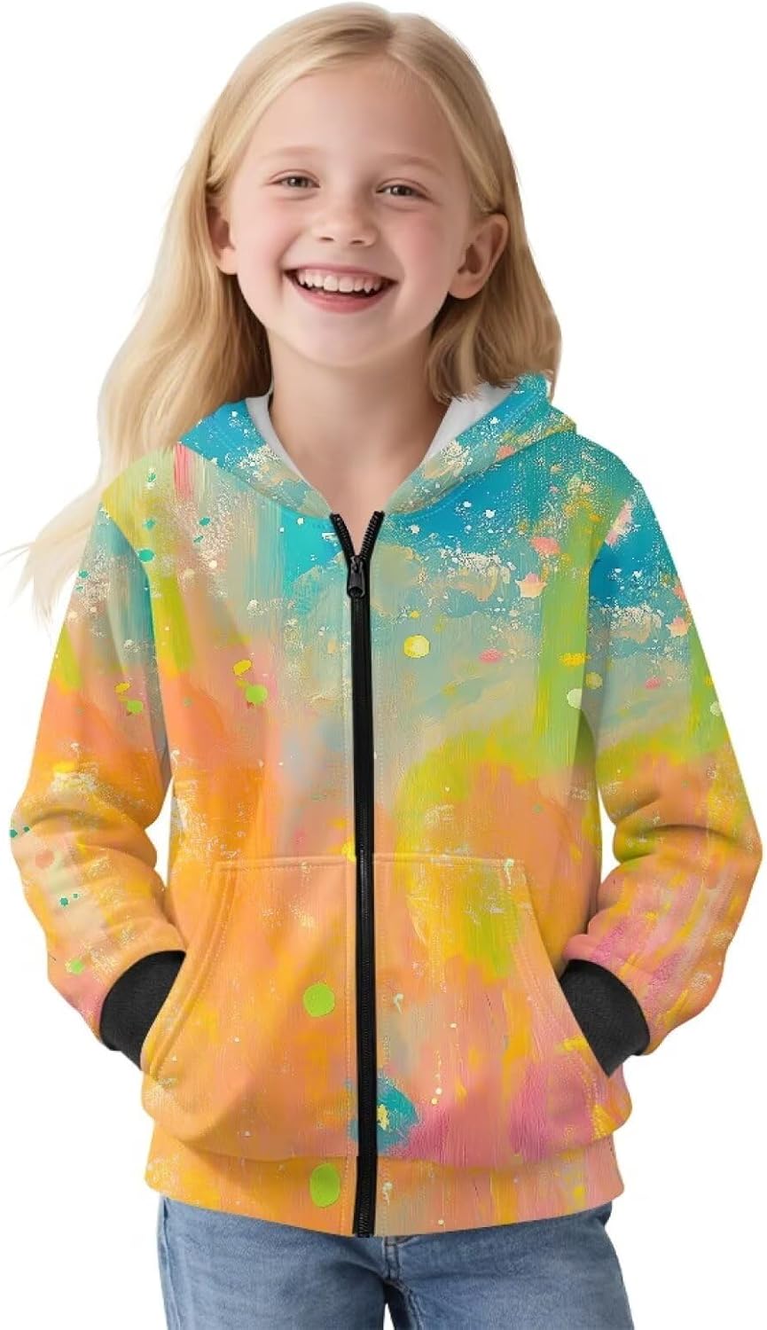 Girls Boys Graphic Zip Up Hoodies Fleece Lined Sweatshirt with Pockets Kids Hooded Coat Casual Outerwear 5-12 Years