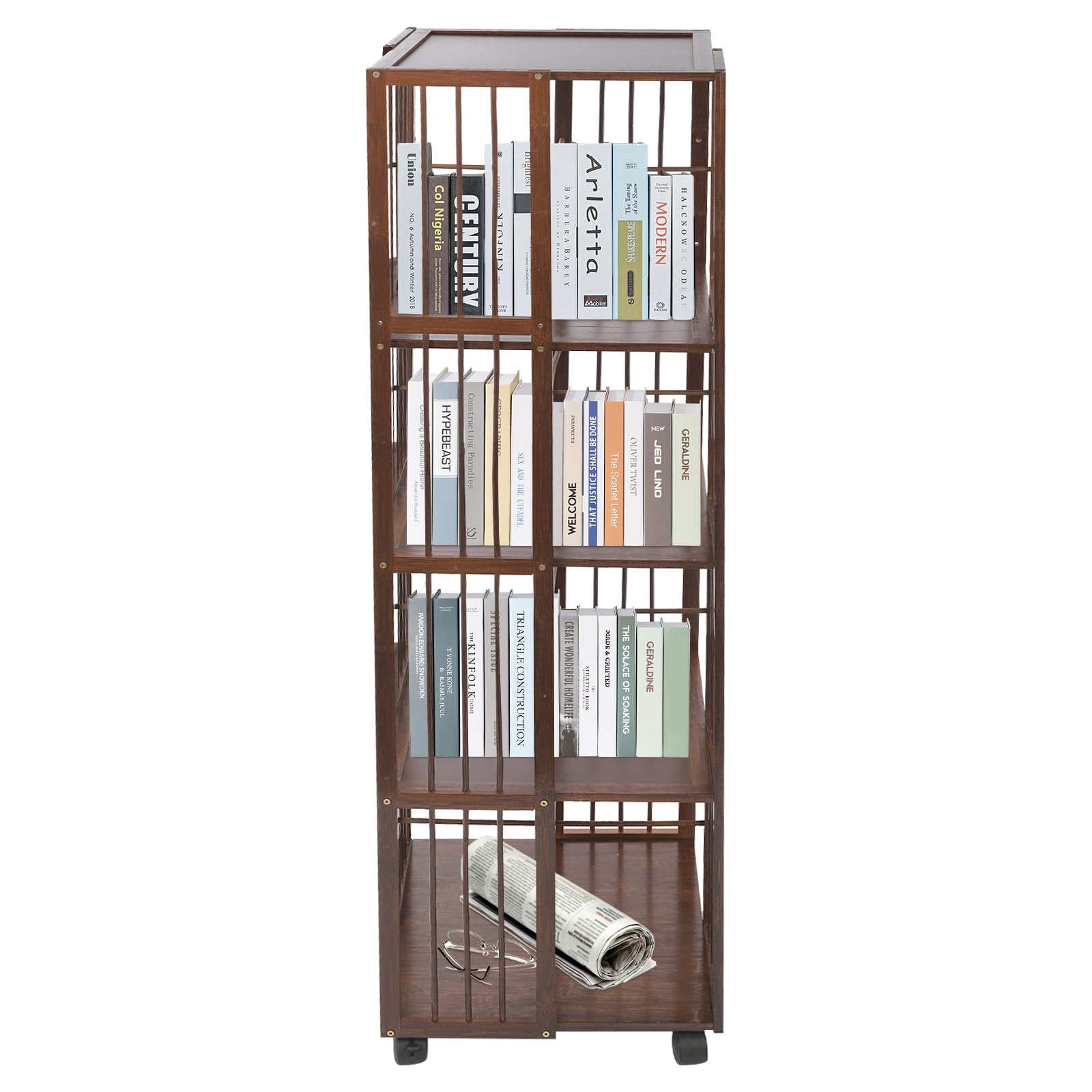 OUKANING Estantería giratoria de 5 niveles con ruedas, estantería de bambú para libros, capacidad de carga de 100 kg, giratoria 360 ° y móvil con frenos, estantería de pie que ahorra espacio para