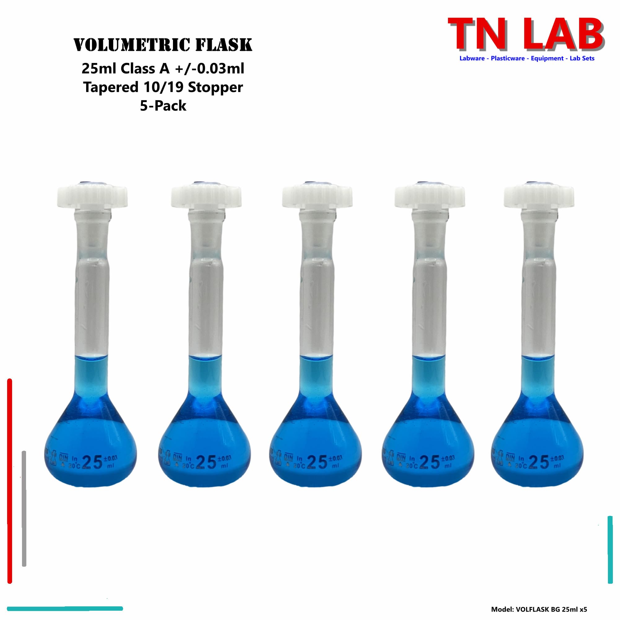 Volumetric Flask 25ml Borosilicate Glass Class A Precision ISO 1042 PTFE 10/19 Stopper 5-Pack