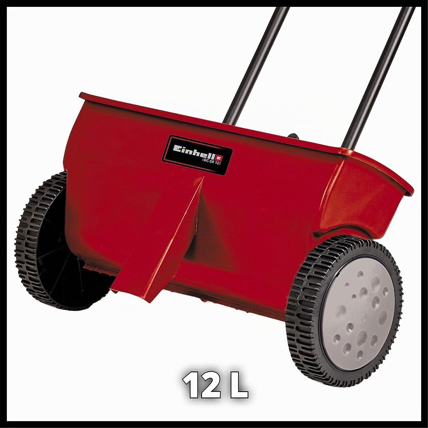 Einhell Carro esparcidor manual - GT-M-GT-39. (Ancho de esparcimiento de 45 cm, capacidad de 12 Litros, diámetro de las ruedas de 200 mm). Barra de empuje doble. Cierres de resorte en ambos lados