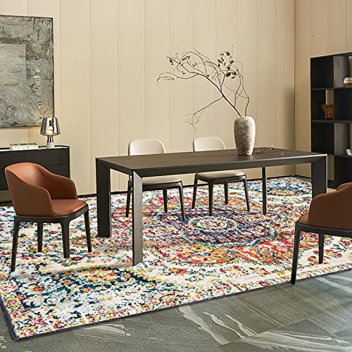 VK VK·LIVING Machine Washable Rug 8\'x10\' Vintage Design Washable Area Rugs with Non Slip Rugs for Living Room Bedroom Traditional Woven Rug Carpet Stain Resistant Dining Office Boho Rug (Blue Yellow) - Thumbnail 6
