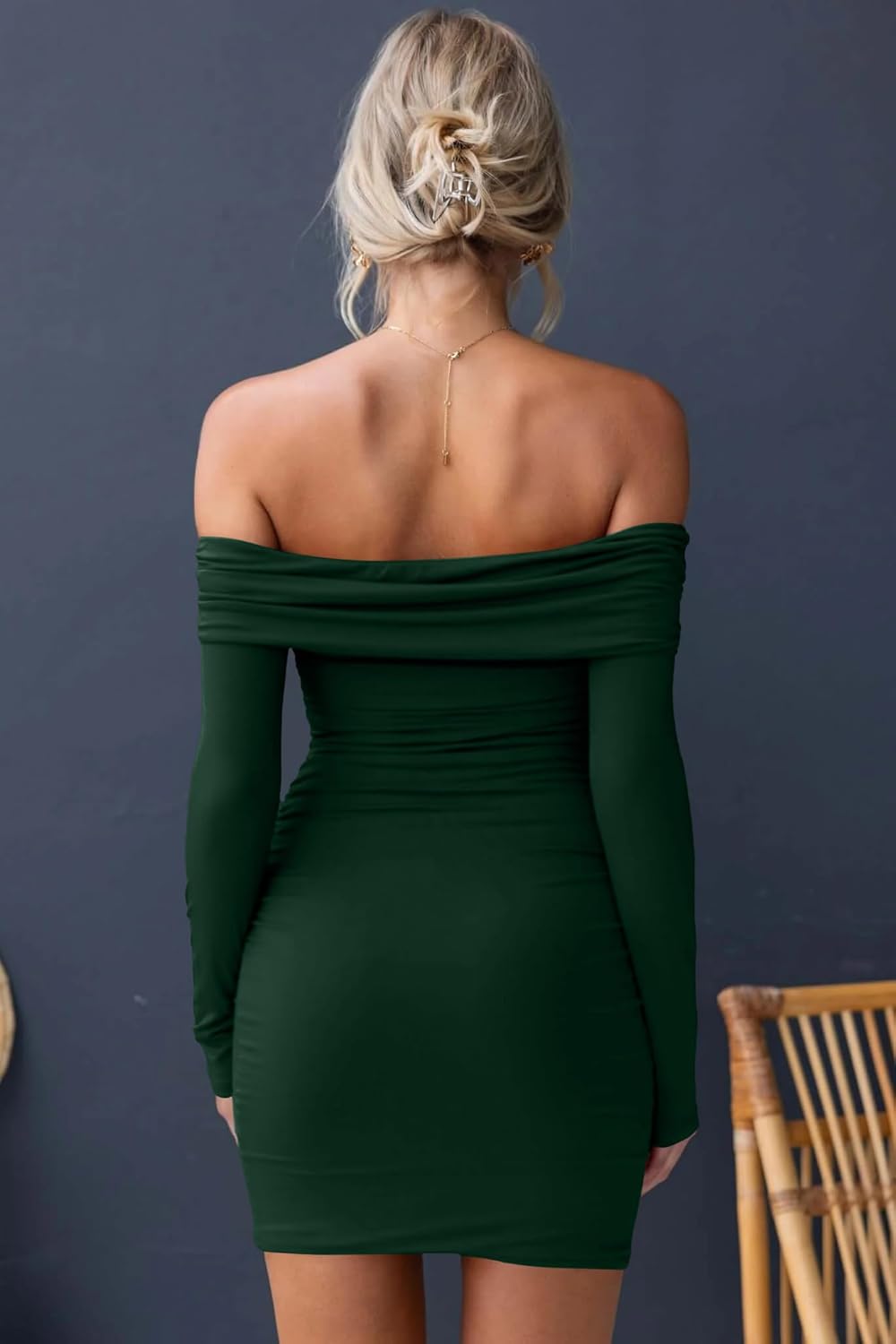 OWIN Women's Fall Off The Shoulder Ruched Bodycon Mini Dress Long Sleeve Ribbed Knit Fitted Club Party Dresses - Image 5