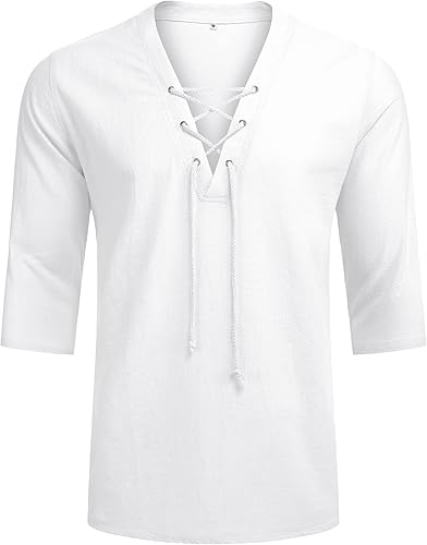 Miniatura 4 de LecGee Camisa casual de lino de algodón para hombre, manga corta, cuello en V, con cordones, hippie, playa, yoga, verano