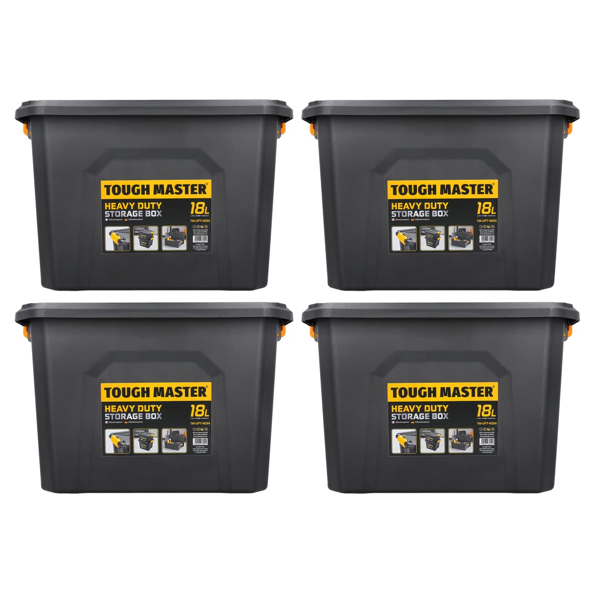 Tough Master Black Storage Boxes With Lids 18L Strong Tool Box Stackable For Home, Office & Workshop (Pack Of 4)