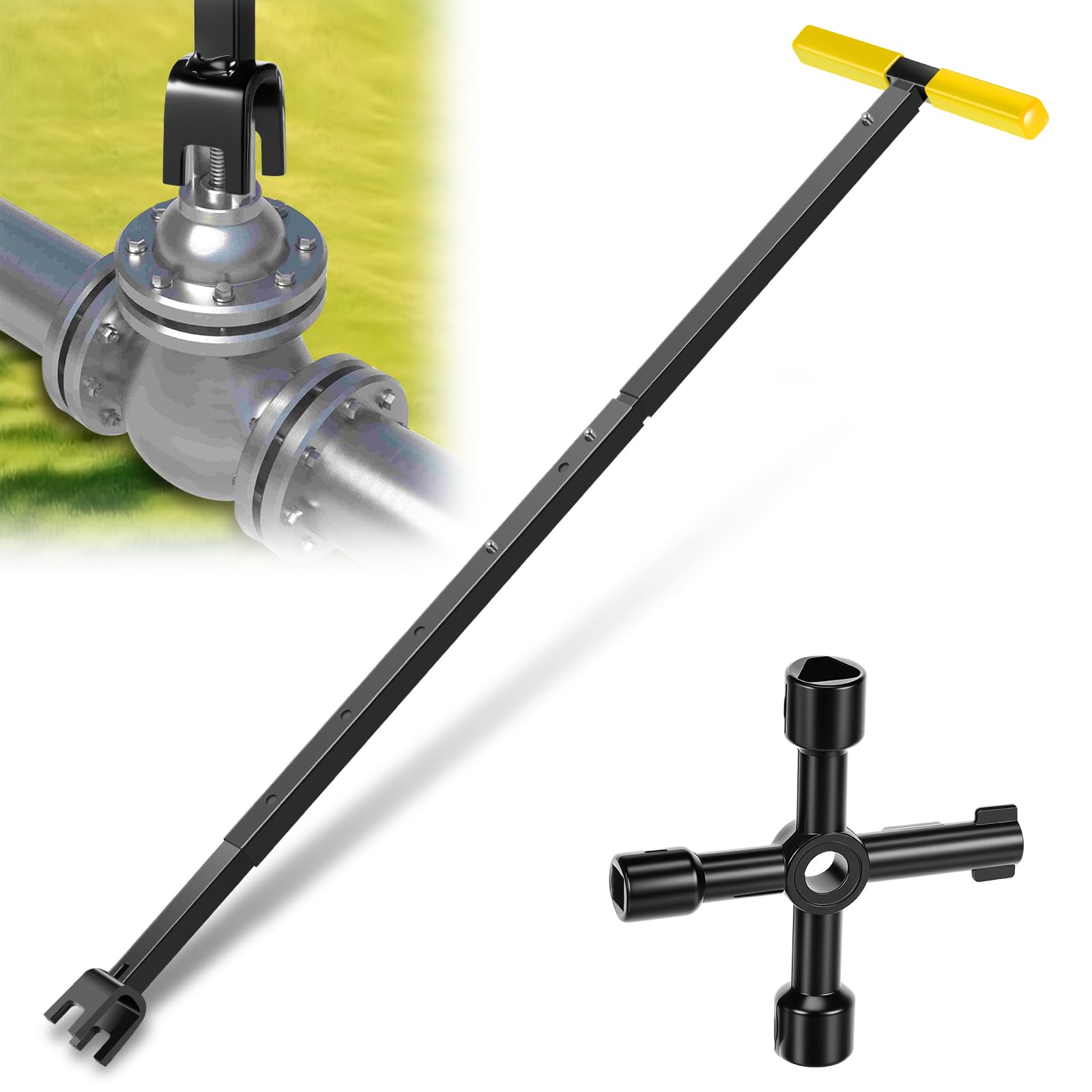 Llave para medidor de agua con herramienta de 4 vías, llave de cierre en T de acero al carbono, 43-94 cm, ajustable en longitud, llave universal para mantenimiento de tuberías de agua y