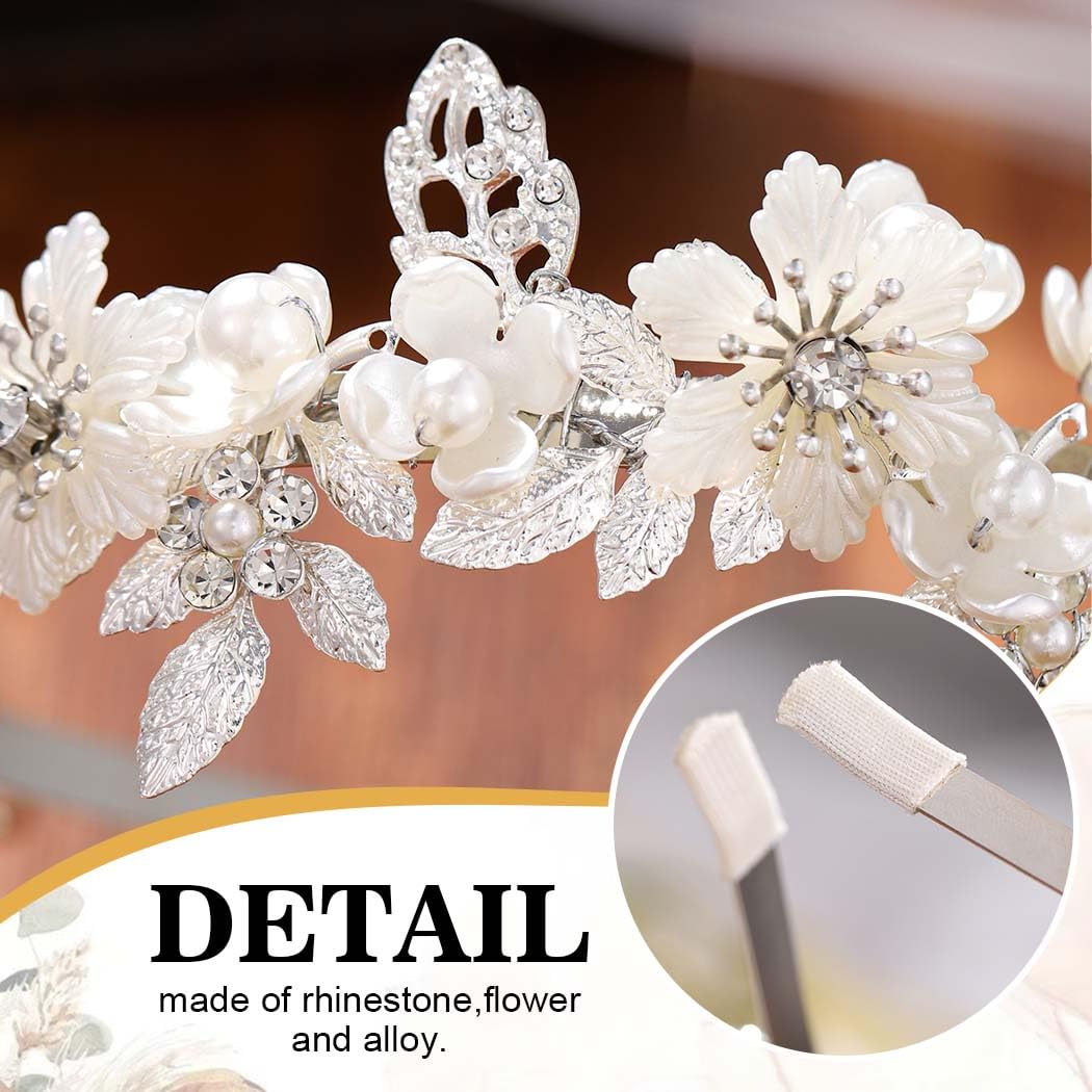 CASDRE Flower Wedding Headband Silver Pearl Bridal Headpiece Prom Leaf Hair Hoop Hair Accessories for Women and Brides (Silver, One Size) - Image 4