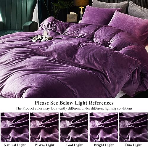 Ivellow Velvet Flannel Duvet Cover Set King Size Purple Duvet Ultra Soft Breathable Cozy Velour Luxury Bedding Set Zipper Closure Corner Ties