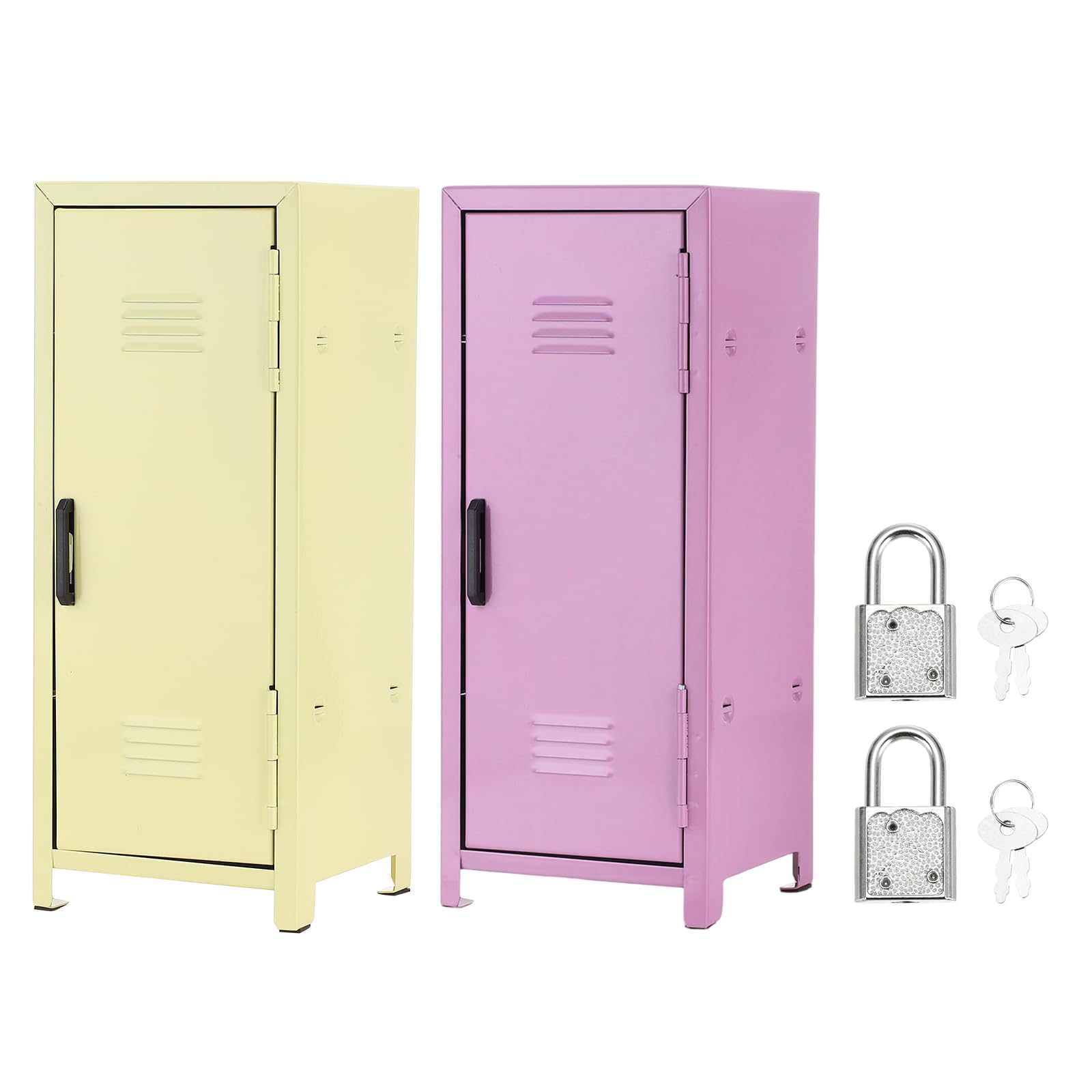 PATIKIL Mini Locker 4.3 x 10.8 Inch, 2 Pcs Small Locker with Lock Keys, Real Little Desktop Metal Money Safe Storage Box Security Organizer Cabinet for Desk Bedroom, Yellow/Light Purple