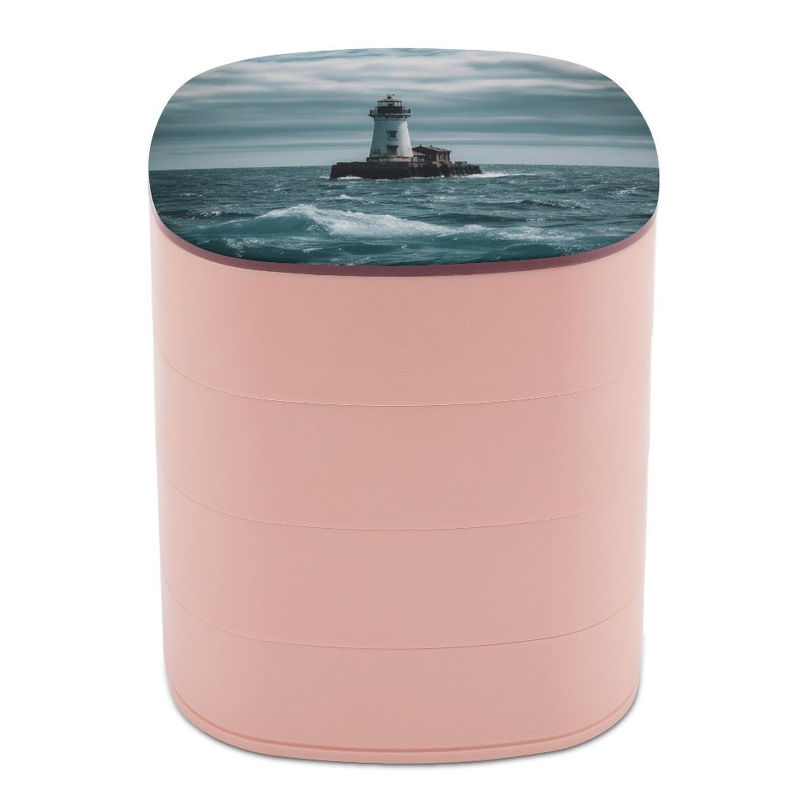 VstaDank Lighthouse Ocean Jewelry Organizer Small Travel Earring Storage Box with Mirror 4-Layer Rotating Travel Jewelry Tray Case with Lid Large Capacity Jewellery Holder Case