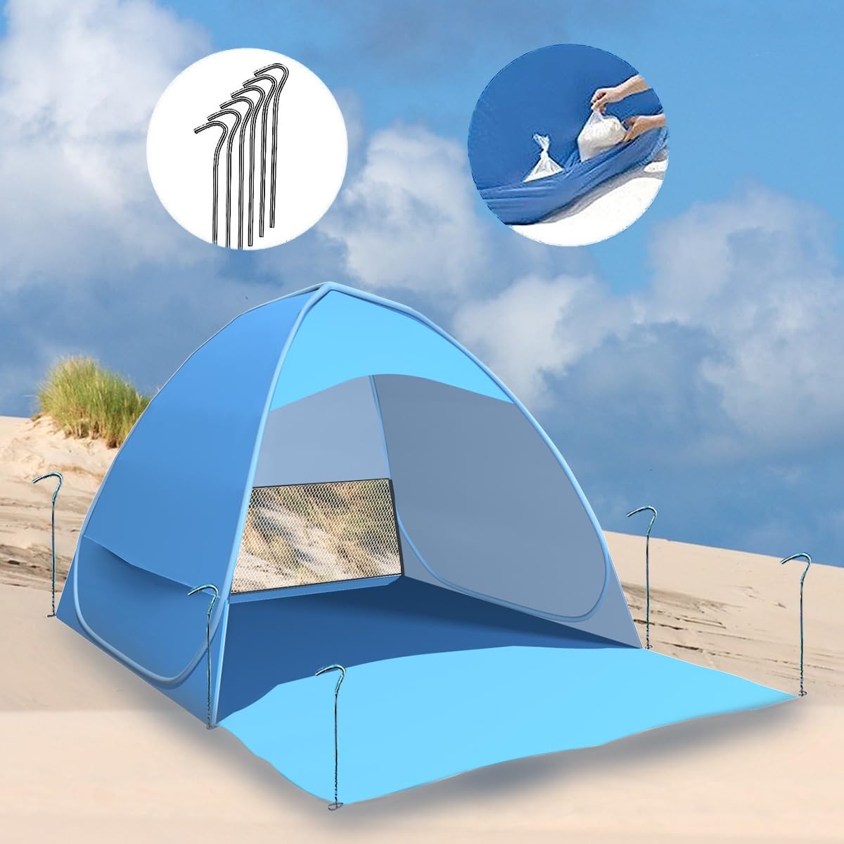 Tienda de campaña desplegable para 3 – 5 Personas, Tienda de campaña de Playa, tamaño Grande, Apertura rápida, protección Solar UV, 200 x 165 x 130 cm (Grande)