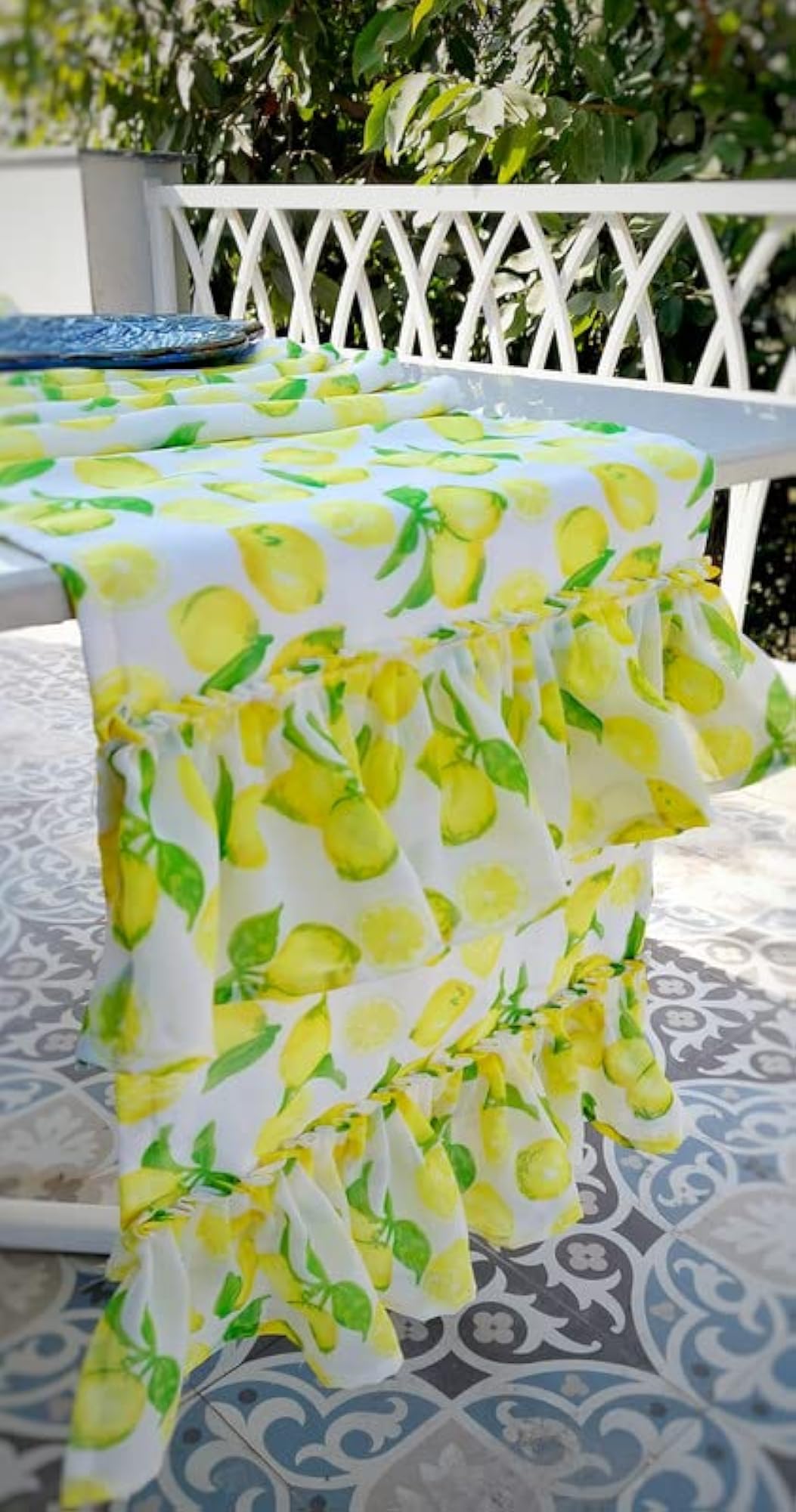 Lemon Printed Frilled Table Runner, 2 Seater