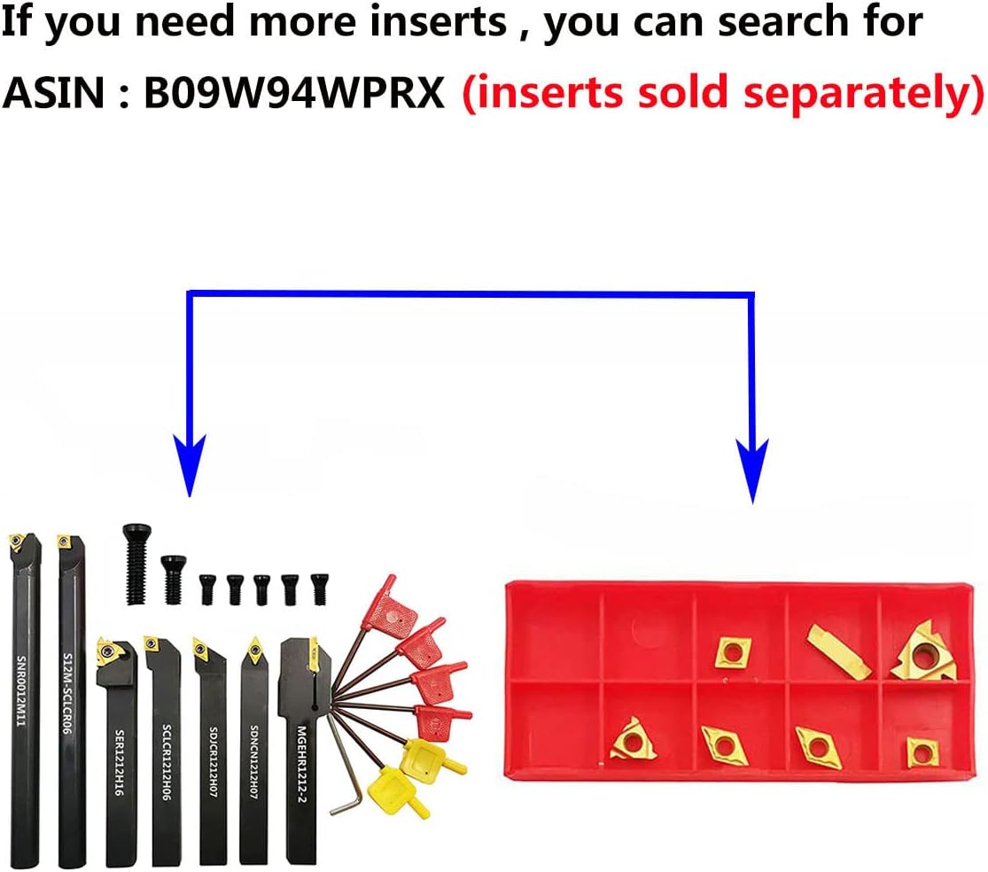 1/2"/12mm Shank Indexable Carbide Lathe Turning Insert Tool Holder Bit Set for Turning Grooving Threading Boring with Indexable Carbide Turning Insert CCMT21.51 DCMT 16ER 11IR MGMN200-G