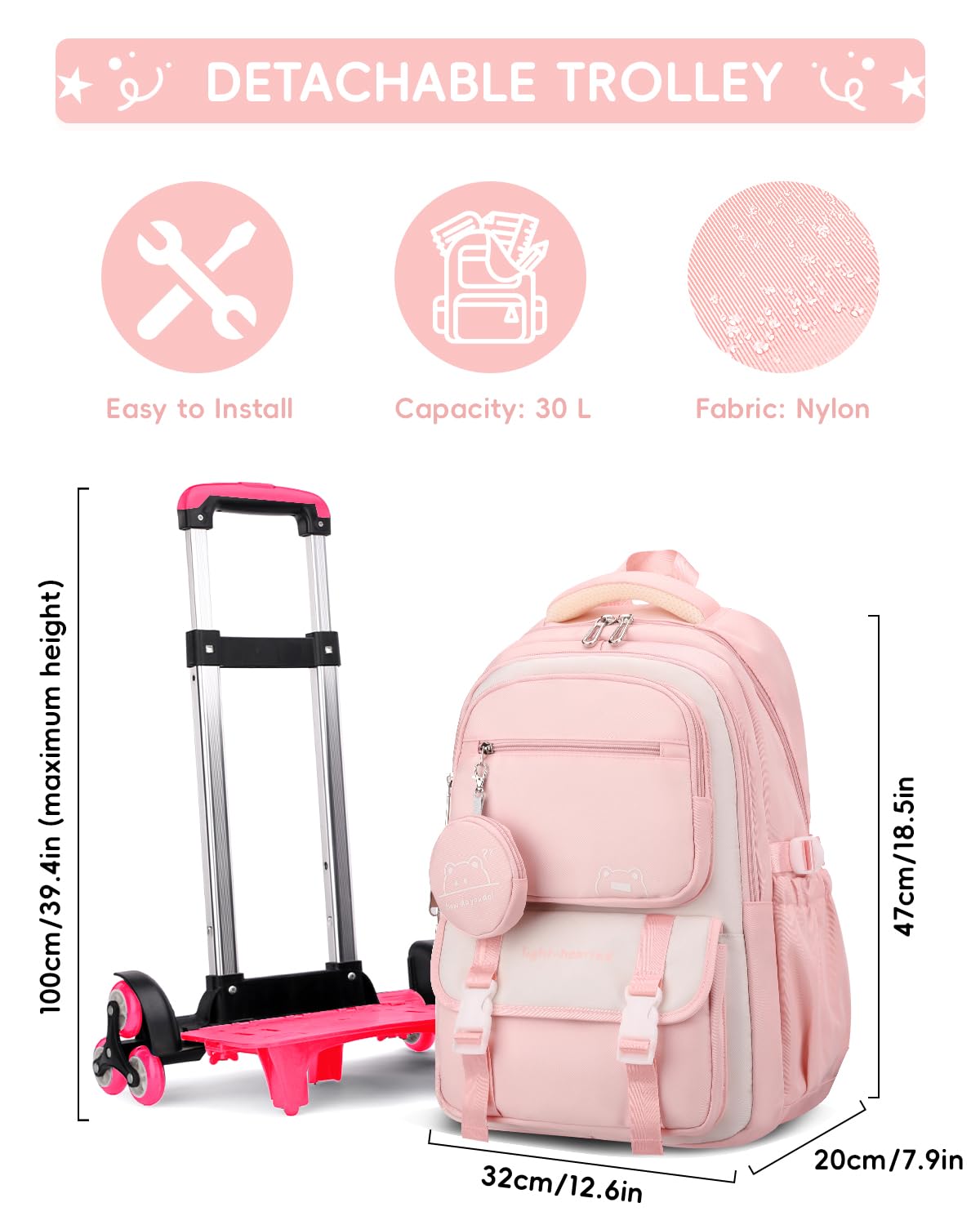 Tanou Zaino Scuola Trolley Sganciabile per Scuola Elementare e Media, 30L | Zaino Rotelle Bambina Casual, Zaino da Viaggio con Ruote per Ragazza Adolescente, Rosa