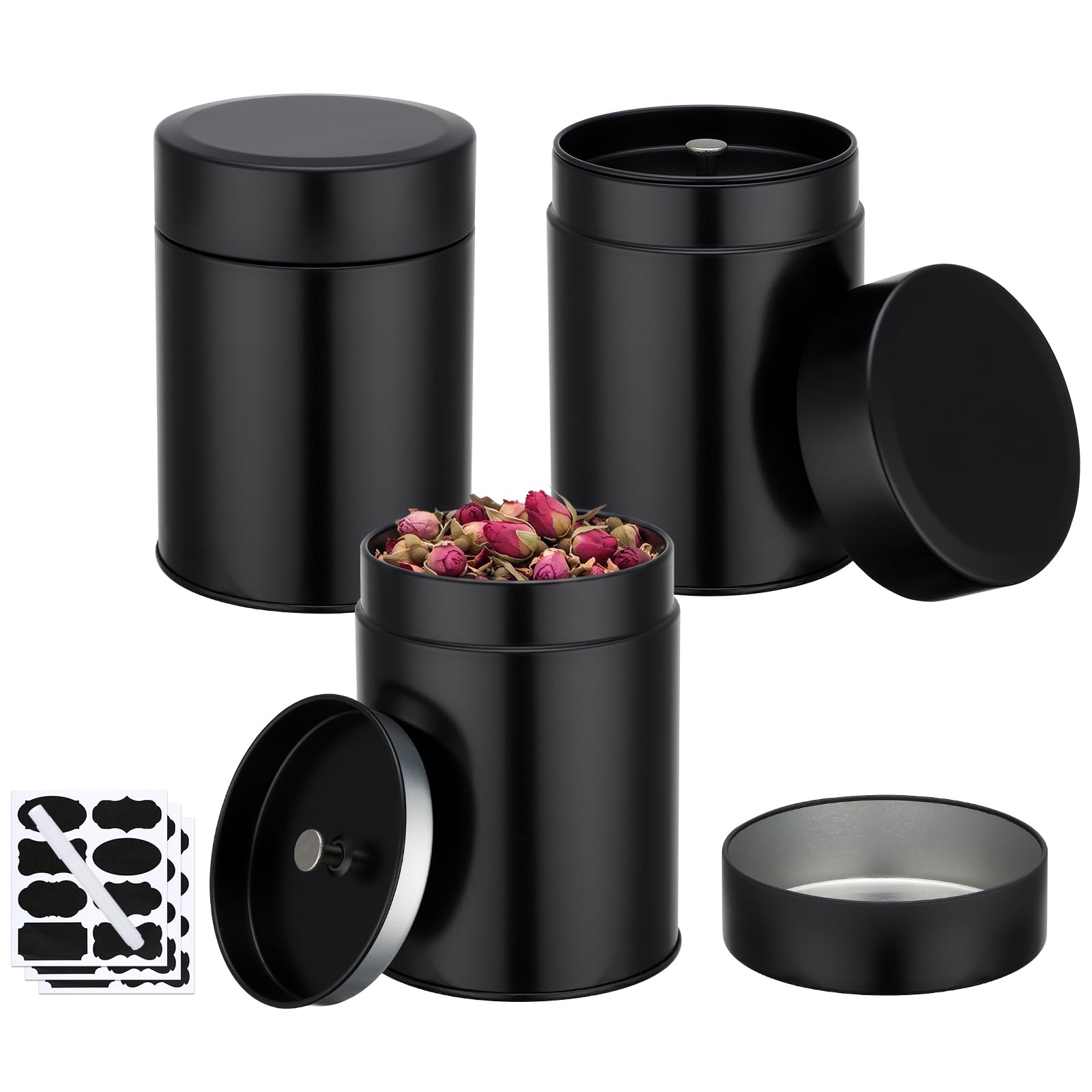 Tea Canister, 3 Pack 18.6 fl.oz Small Tea Tins Containers, Black