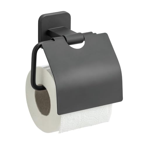 WENKO Turbo-Loc Porte-Papier Toilette Mural Mod Porto Black, Montage Mural sans perçage, vissage en Option, Porte-Rouleau de Papier Toilette avec Couvercle pour Un Rouleau, Acier Inoxydable, Noir