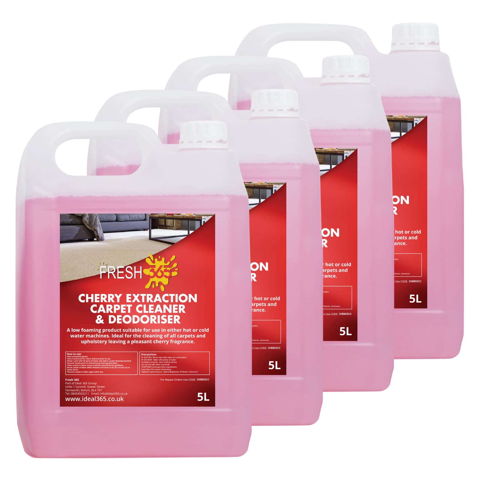 Ideal 365 Cherry Carpet Shampoo and Upholstery Cleaning Solution – Pet Carpet Cleaner with Odour Removal Suitable for All Machines 5L (4 Bottles)