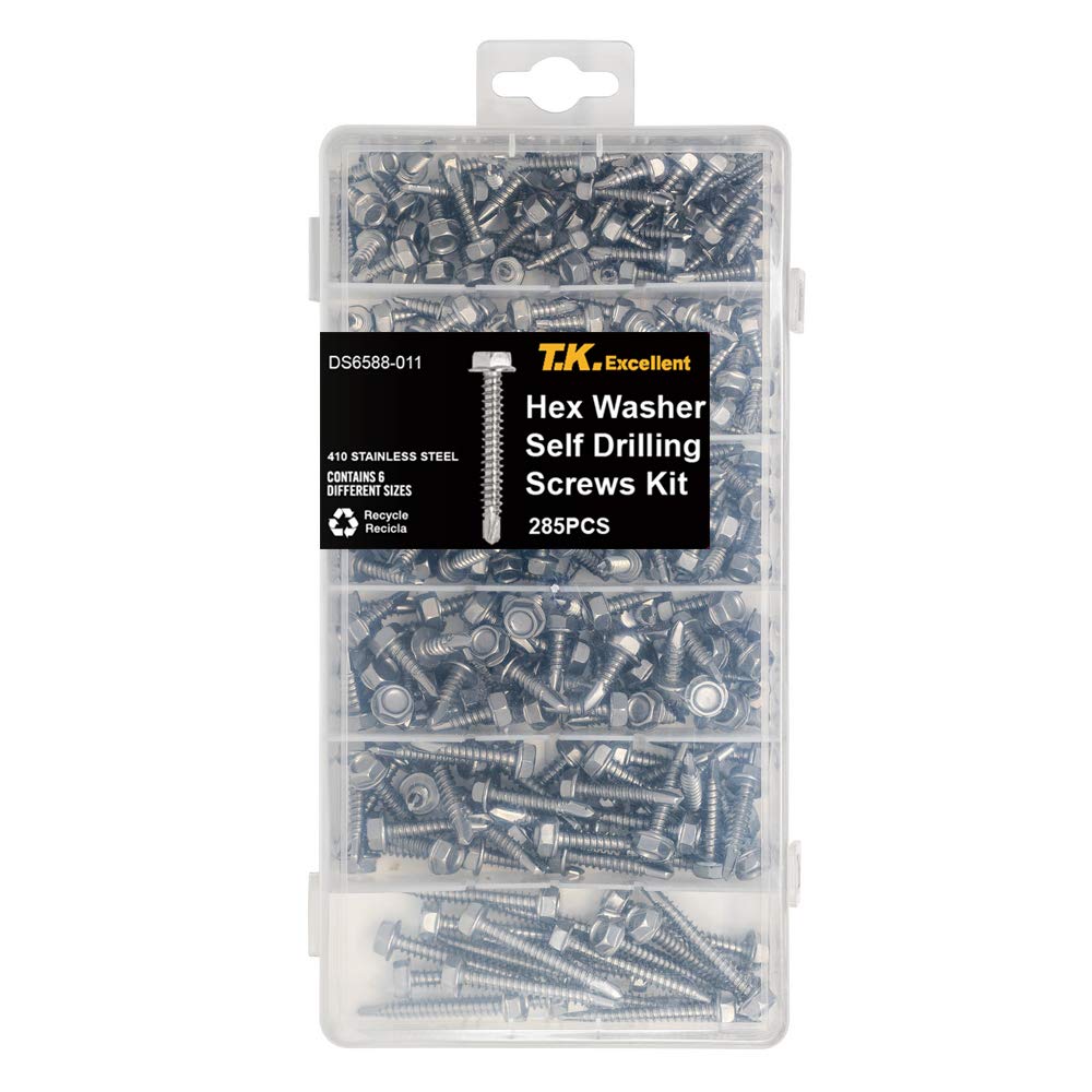 T.K.Excellent Kit de tornillos autoperforantes de arandela hexagonal 410 de acero inoxidable, 285 piezas