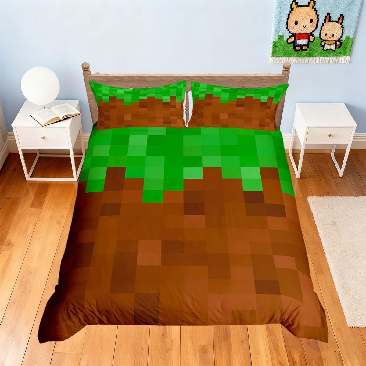 Homemissing Pixel Game Duvet Cover Single Size Green Brown Camo Bedding Set for Kids Cartoon Decor Comforter Cover Soft Lightweight Microfiber Bedroom Decor(No Stuffing)