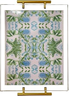 Acrylic Serving Tray with Gold Handles - 11"x14" Decorative Clear Tray, Green and Blue Watercolor Botanical - Vanity, Cofee Table, Bar Cart, or Bathroom Organizer
