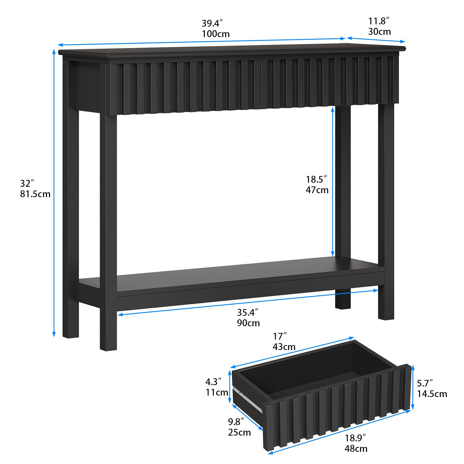 Trironsun Tavolo consolle sottile con 2 cassetti e ripiano, moderno tavolo in legno per corridoio, soggiorno o dietro il divano (nero, 2 cassetti)