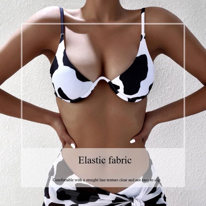 Spevert Women's Bikini Set 3 Piece Cow Print Swimsuits High Waisted Adjustable Straps Push Up Bathing Suit with Beach Cover3