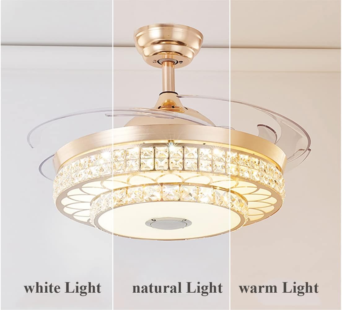 MORE CHANGE Fandelier Ceiling Fans with Lights Retractable Chandelier Fan with 3 Speeds 3 Color Changes Lighting Fixtures, Silent Motor with LED Kits (Gold)
