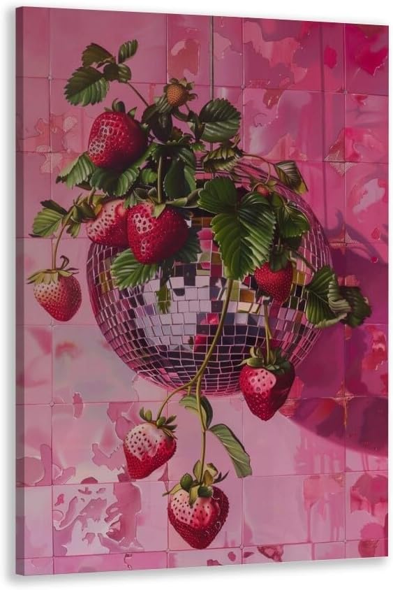 Generic Disco Strawberry Poster Teenage Avant-Garde Fashion Wall Art Fruit Pink Disco Canvas Print Coquette Wall Art Disco Ball Poster Living Room Bedroom Wall Decoration24x36in Framed, style-1