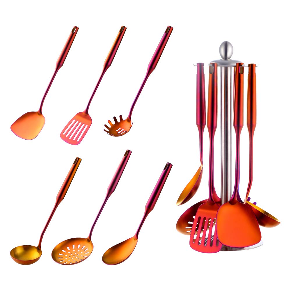 Ustensiles de cuisine 6 pièces acier inoxydable Écumoire Louche Spatule de Cuisine Tourneur à fente Riz Pasta Server avec support