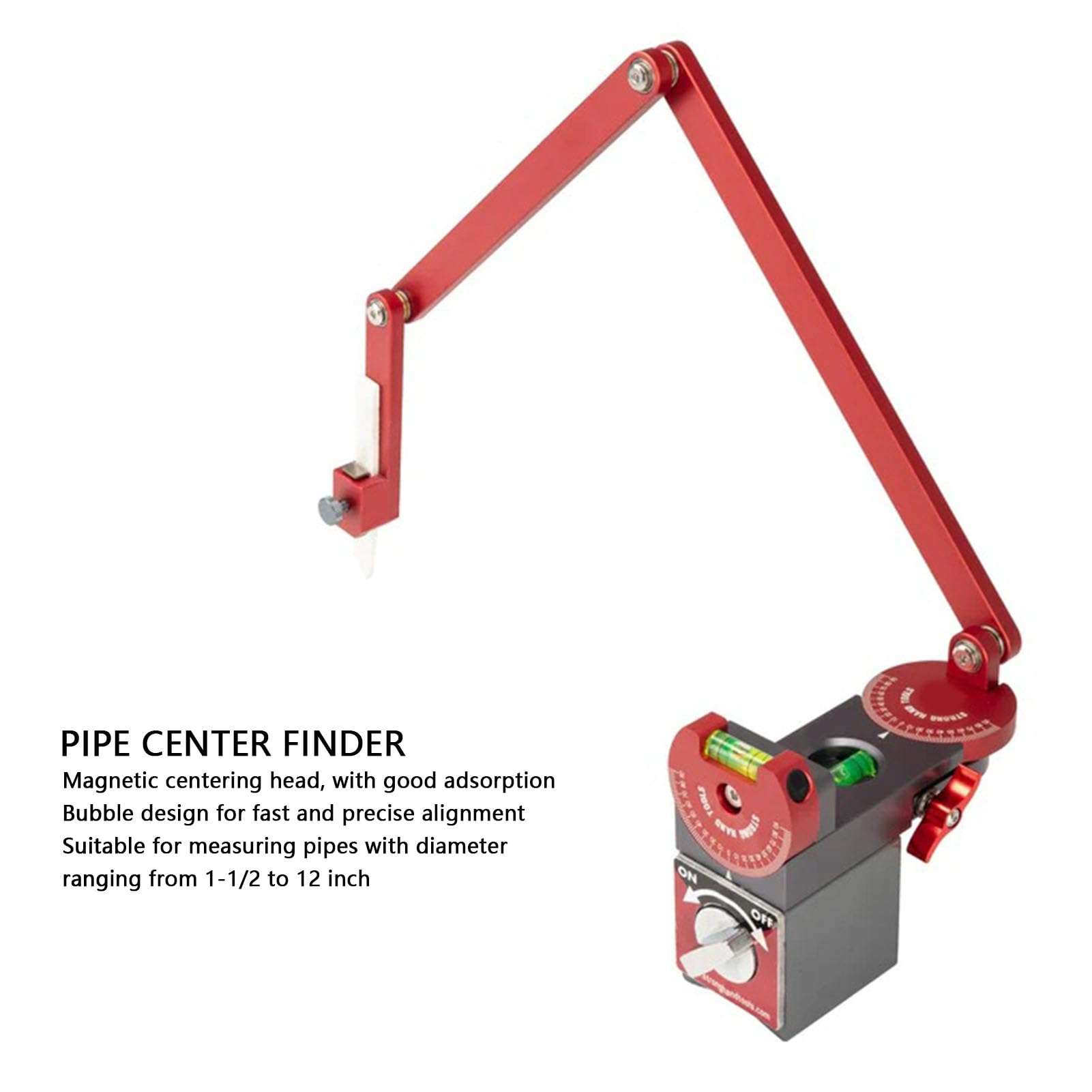 Magnetic Pipe Center Finder With Bubble Level - For 1.5" To 12" Pipes, Aluminum Head, Safety Punch