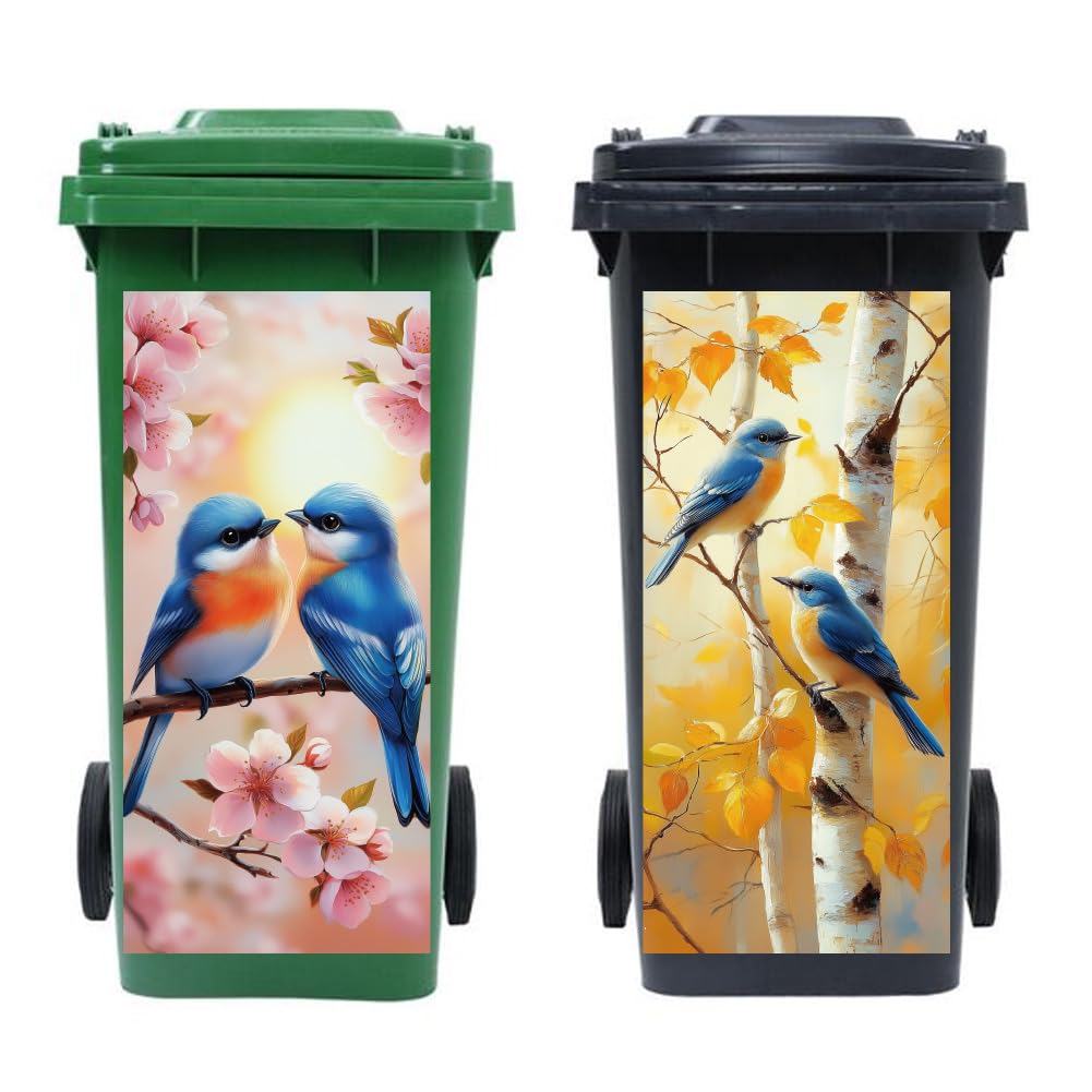 Peacoblue Wheelie Bin Stickers 2 Sheets Bird and Tree Sticky Dustbin Stickers Decals, 15in x 32in Waterproof Self Adhesive Large Wraps for Bins, Fridge, Wall Outdoor Indoor, Home Decoration