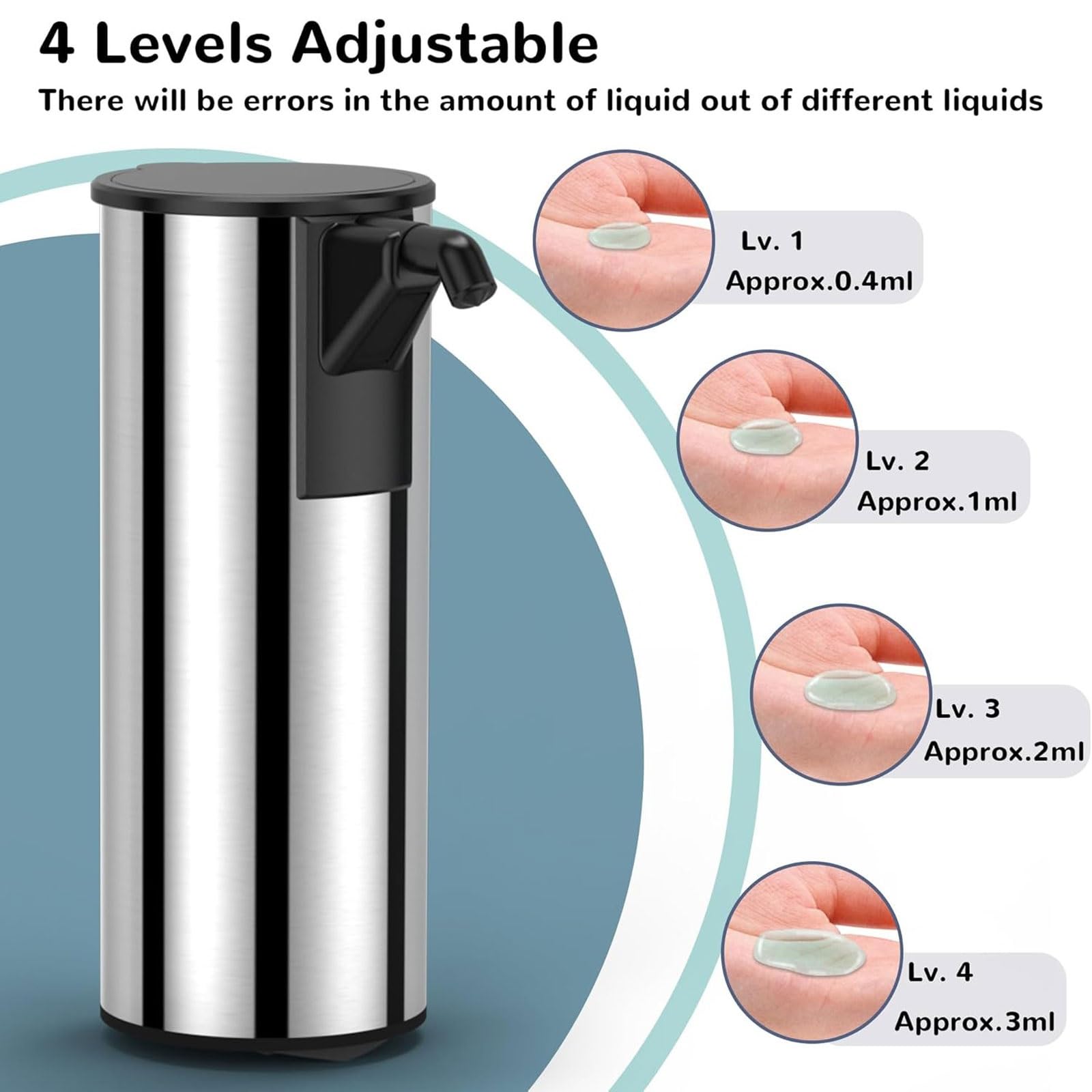 Dispensador automático de jabón de acero inoxidable, 4 niveles ajustables, 350 ml, dispensador de jabón con sensor inteligente para baños y cocinas (plateado)