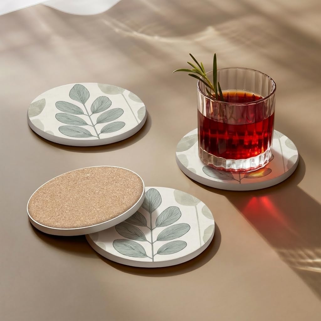 VEYRO Ceramic Coasters Set of 6 or 4 – Absorbent Stone Drink Coasters with Holder, Non-Slip Cork Backing, Modern Marble Look Coasters for Coffee Table, Desk & Home Decor (Leaves 5, Set of 6) image 3