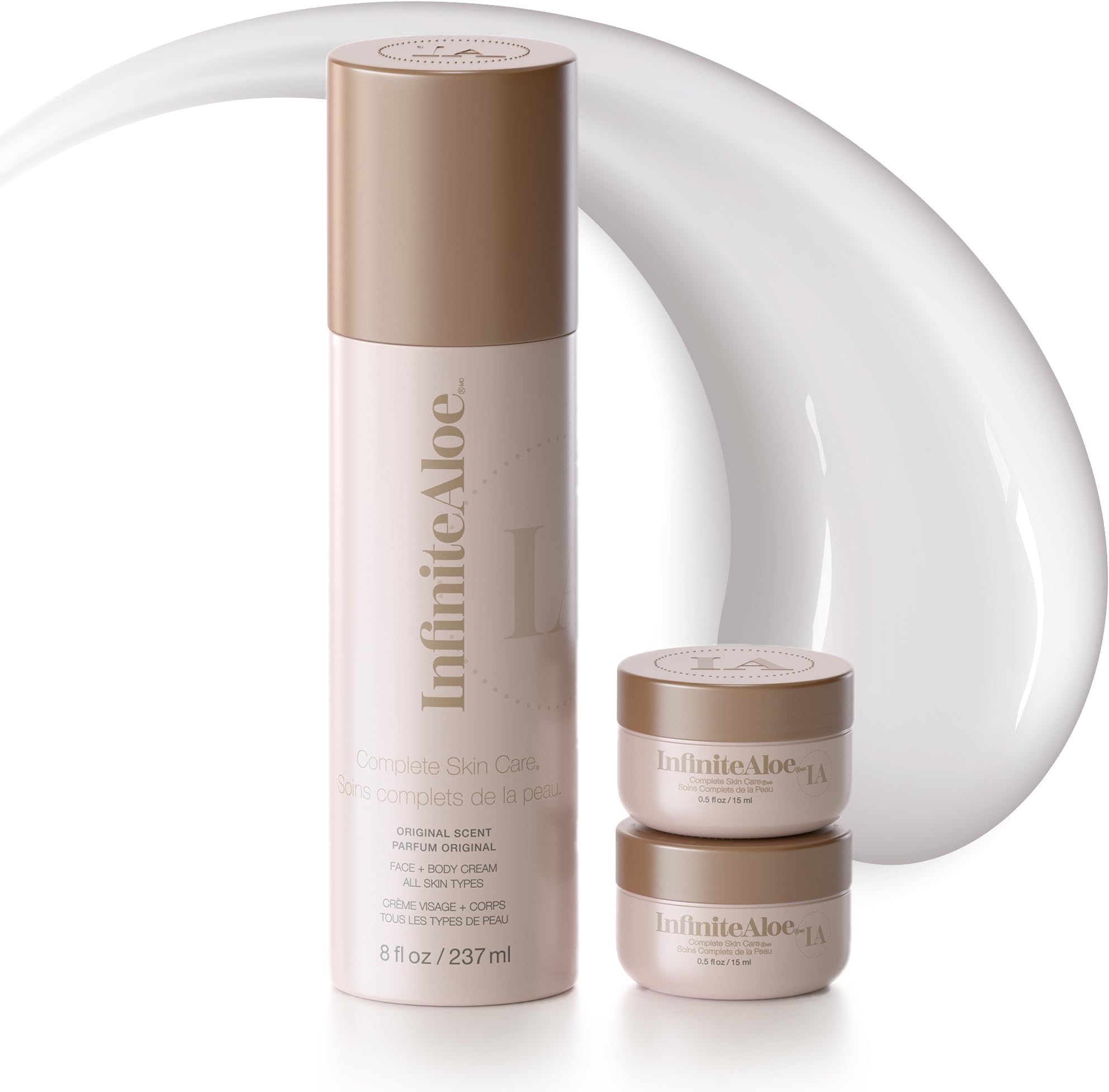 InfiniteAloe Complete Skin Care, Aloe Vera Powered Face and Body Cream for All Skin Types, Effective on Dry Skin, Original Scent - Airless Pump & 2 Travel Jar 0.5 oz
