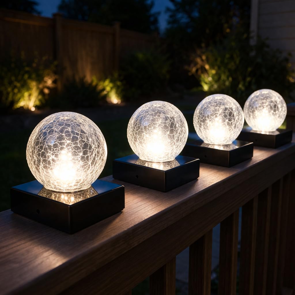 Garden Mile Solar Crackle LED Ball Fence Lights, Pack of 4 Solar Powered Outdoor Garden Lights with Crackle Glass Design, Waterproof LED Lighting Decor for Posts, Patios, and Pathways