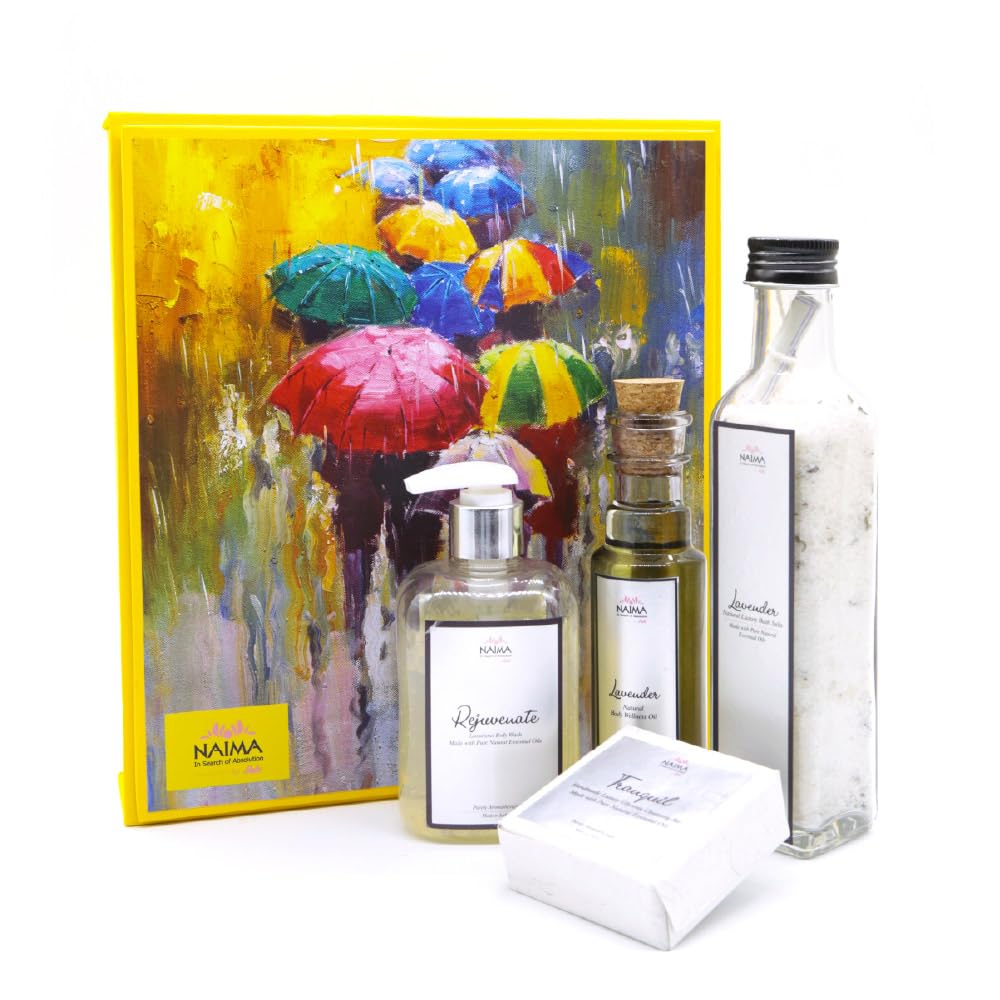 NAIMA Soothing Lavender Body Wellness Gift Box for Women & Men - Abstract with Lavender Body Oil (100ml), Rejuvenate Bodywash (250gm), Lavender Bath Salt (250gm) & Tranquil Glycerin Soap (100gm)-picture-49
