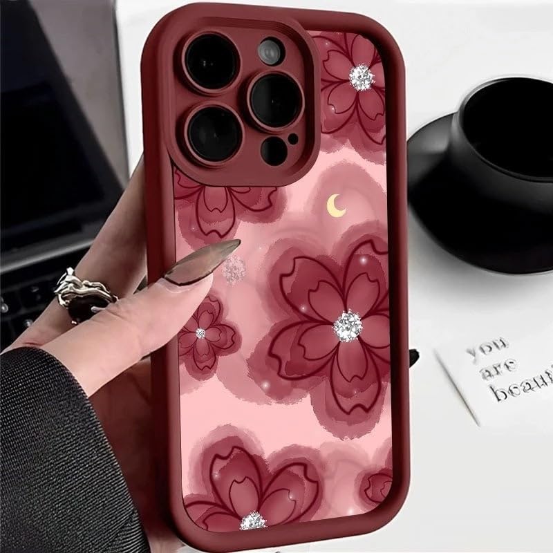 Image of COVERLY Red Floral Back Case Cover for iPhone 12 Pro | 3D Sparkle Diamond Flower Cute Design | Camera Lens Protection | Soft TPU Silicone Aesthetic Print Cover for Girls & Women (Red, Shockproof)