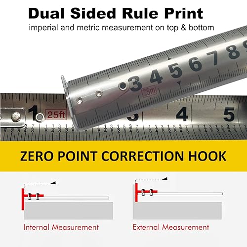 Miniatura 5 de Cinta métrica de 25 pies con diseño hueco duradero, construcción fácil de limpiar, mecanismo retráctil, cinta de acero inoxidable