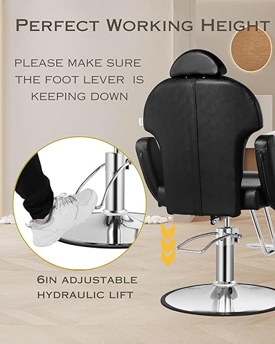 Vista 17 de Silla de peluquería de salón negra y dorada, silla reclinable para estilista para el hogar, silla de peluquería con bomba hidráulica, giratoria