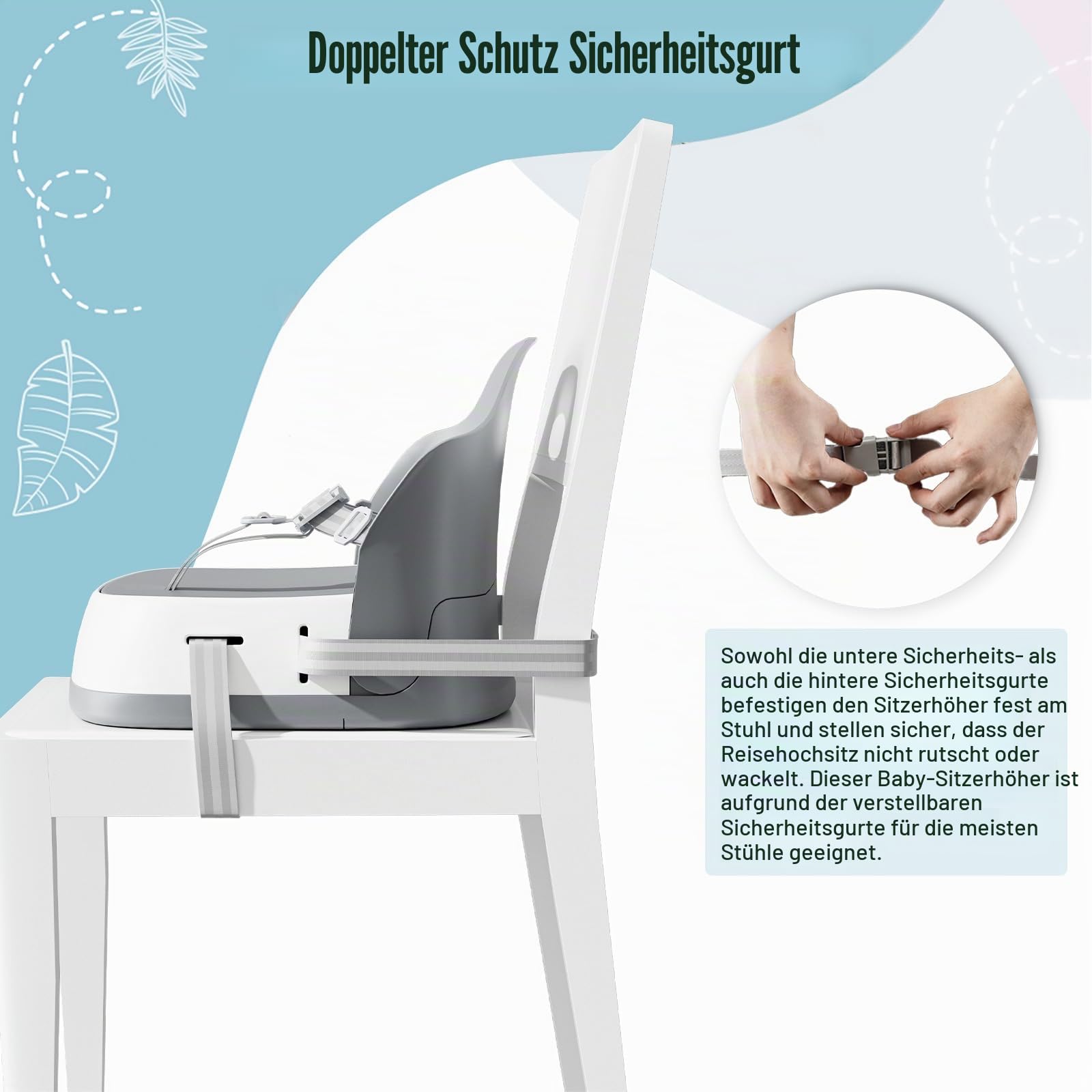 UBRAVOO Tragbarer Sitzerhöhung Kind zum Essen, Reisehochstuhl mit 3-Punkt-Gurt, waschbarer Baby-Essstuhl ab 6 Monaten (Grey)