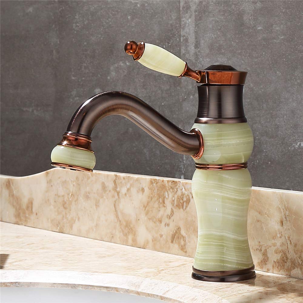 RajoNN Kupfer-Roségold-Natürlicher Jade-Gesichtstopf Drehbarer Badezimmertank Kugel-Kühl- und Heißwassermischer Einhand-Streifenbelüfter, Zwei