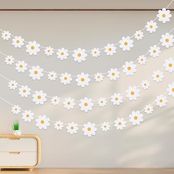 Ouligay 4 Pcs Daisy Bunting Banner Birthday Decoration Daisy Garland Daisy Flower Garland White Boho Flower Paper Garland Daisy Garland for Girls