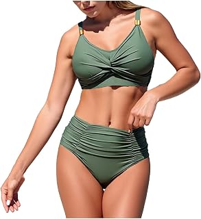 Womens Two Piece Swimsuits High Waist Ruched Swimming Suit Tummy Control Push Up Bathing Suit Full Coverage Swimwear