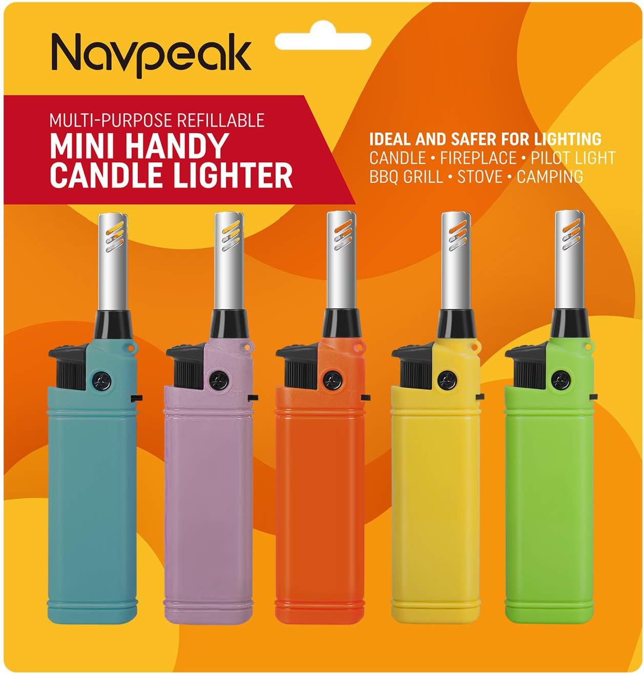 Navpeak Mini Candle Lighter Multipurpose Lighter Utility Lighters with Extended Wand Handy Refillable for Kitchen Fireplace Pilot Light DIY BBQ Grill Stove 5 Pack (Butane Included)