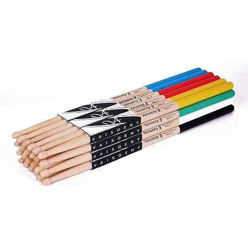 Drum Sticks, Non-slip Rubber Handle 7A Maple Wood, 12 Pairs | 24 pack bulk drum sticks 7a with teardrop wood tip. Multi-color grip for adults.
