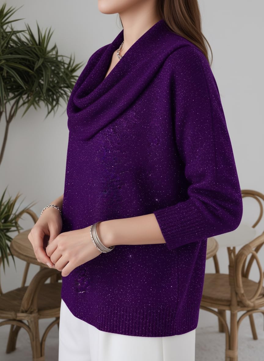 TIAFORD 2025 Christmas Glitter Cowl Neck Sweater for Women Trendy Festive Holiday Shimmer Knit Long Sleeve Pullover Tops