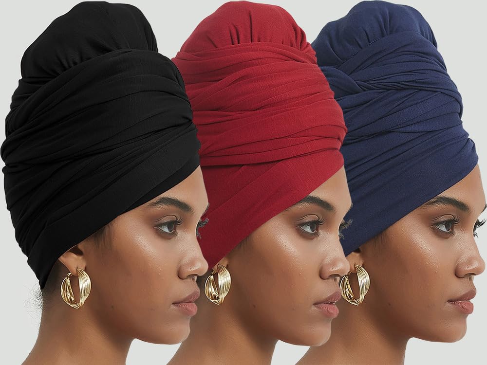 corciova Black Navy Blue Carnelian 3 Pcs Long Soft Head Wrap Turban Headband for Black Women Two Way Stretch Fashion African Head Covering Jersey Hijab Scarf