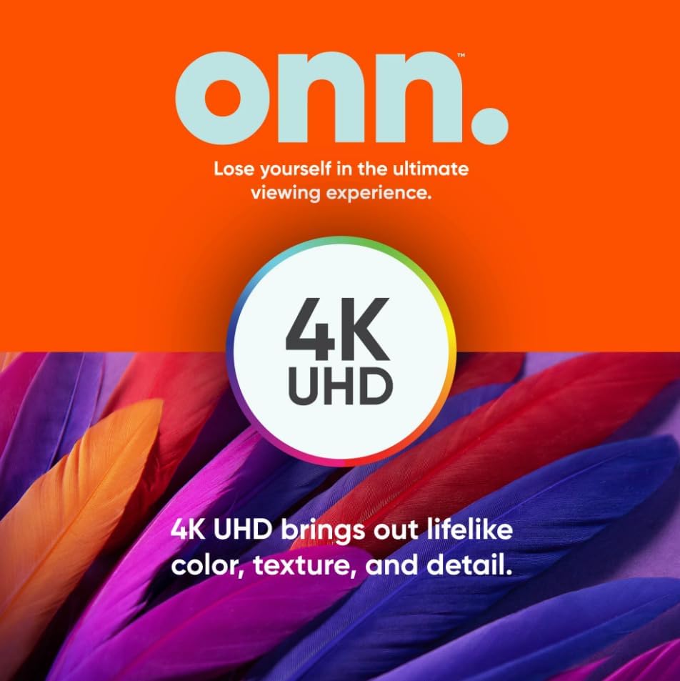 Graphic highlighting 4K UHD feature with colorful feathers in the background.