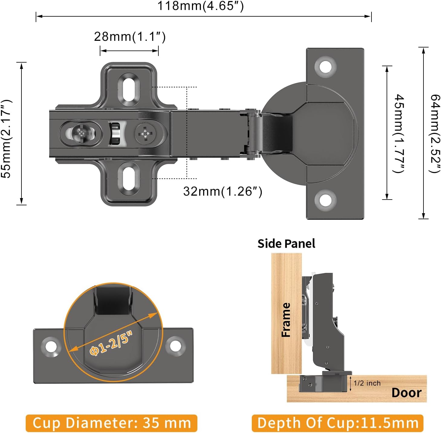 Chibery 20 PCS Half Overlay Soft Close Hinges, Clip ON Plate, 105 Degree, Silent Hydraulic, Self Closing, Black Frameless European Concealed Hinge for Kitchen Cabinet Door, Wardrobes, and Bookcases