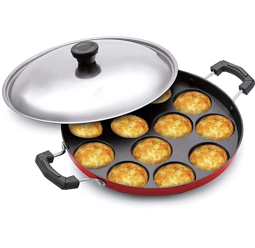 Silvester 12 Cavity Non-Stick Appam Patra, Paniyarakal with 2 Side Handle and Stainless Steel lid (Aluminum, Non-Stick)