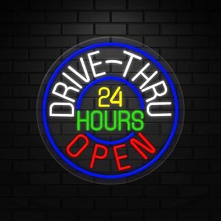 Drive-Thru 24 Hours Open Neon Sign for Retail Displays | Value priced LED Flex Neon | Electronic Light Up LED Sign for Windows/Walls | 26"W x 26"H x 1"D